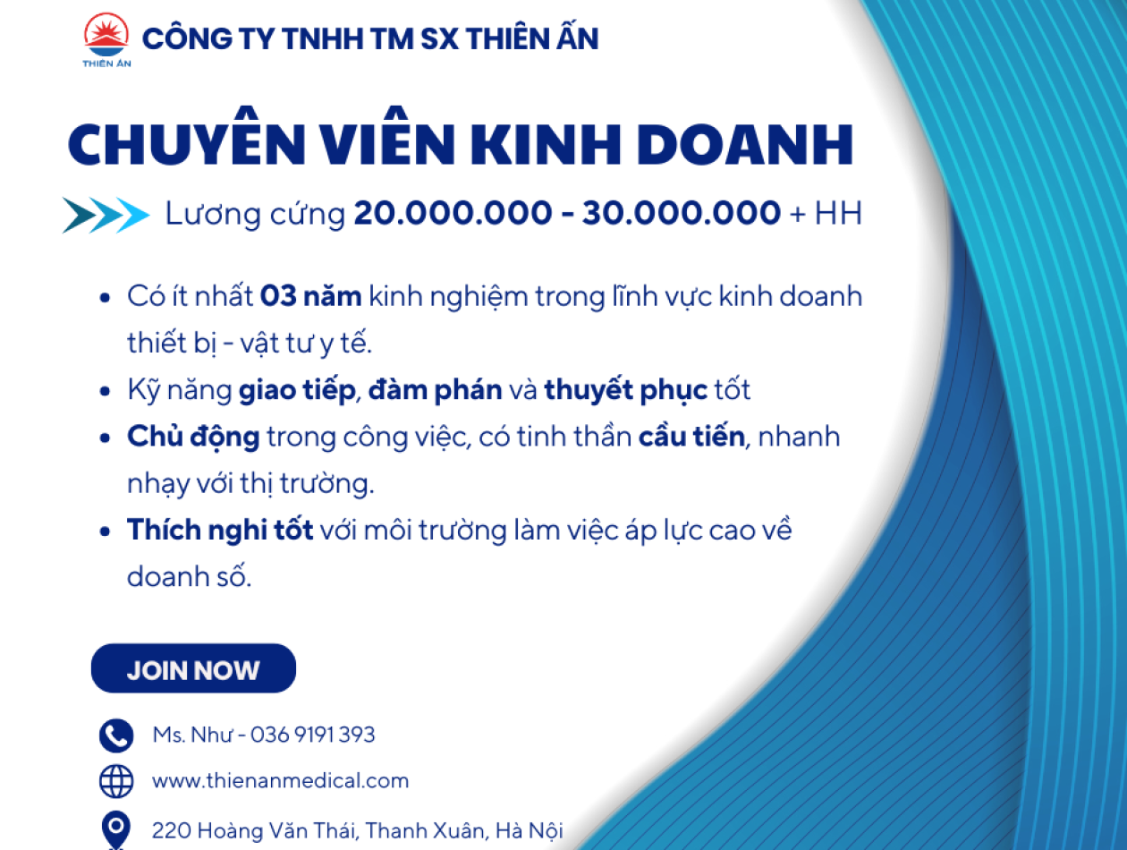 [TUYỂN DỤNG HN] CHUYÊN VIÊN KINH DOANH  VẬT TƯ Y TẾ